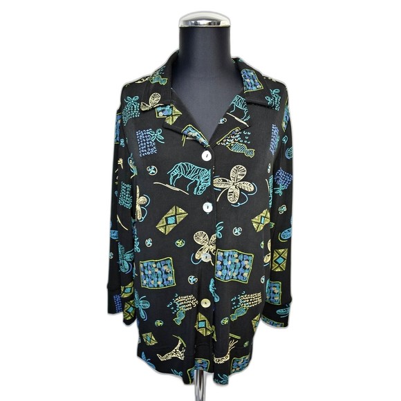 Coldwater Creek Black Print Stretchy Travel Knit Button Front Top-Women's S - Picture 2 of 7